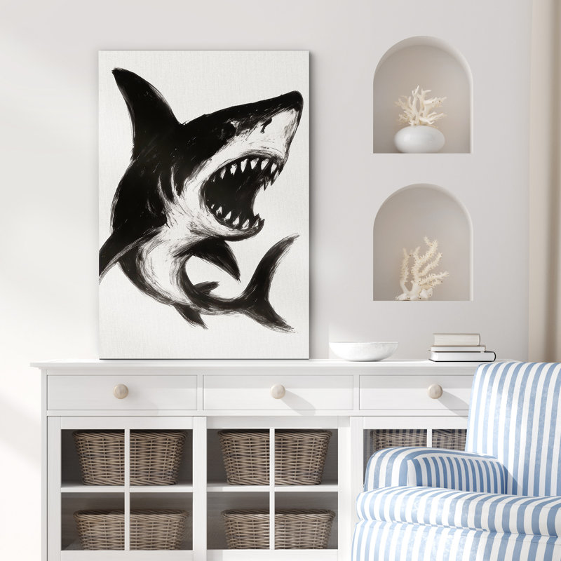 Black and White Shark Art - Pictures Framed Canvas Print Wall Art, 18" H x 12" W x 1.5" D, Wrapped Canvas