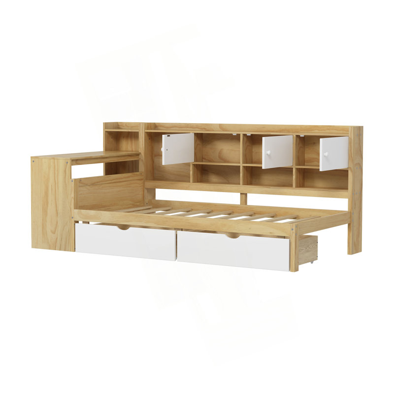 Lit de jour multifonctionnel en bois avec rangement abondant et bureau réglable, Blanc/naturel