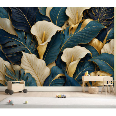 Wall Mural Peel and Stick Wallpaper Abstract Golden Calla Lily Leaves Teal Navy Art Line Self-Adhesive Removable Contact Paper Wall Decor for Living Room Bedroom 69"H x 96"W