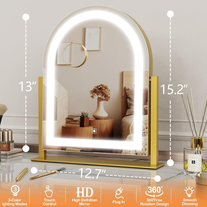 Miroir de maquillage courbé et éclairé, miroir de coiffeuse éclairé Smart Touch, Doré, 15,2 po x 12,7 po