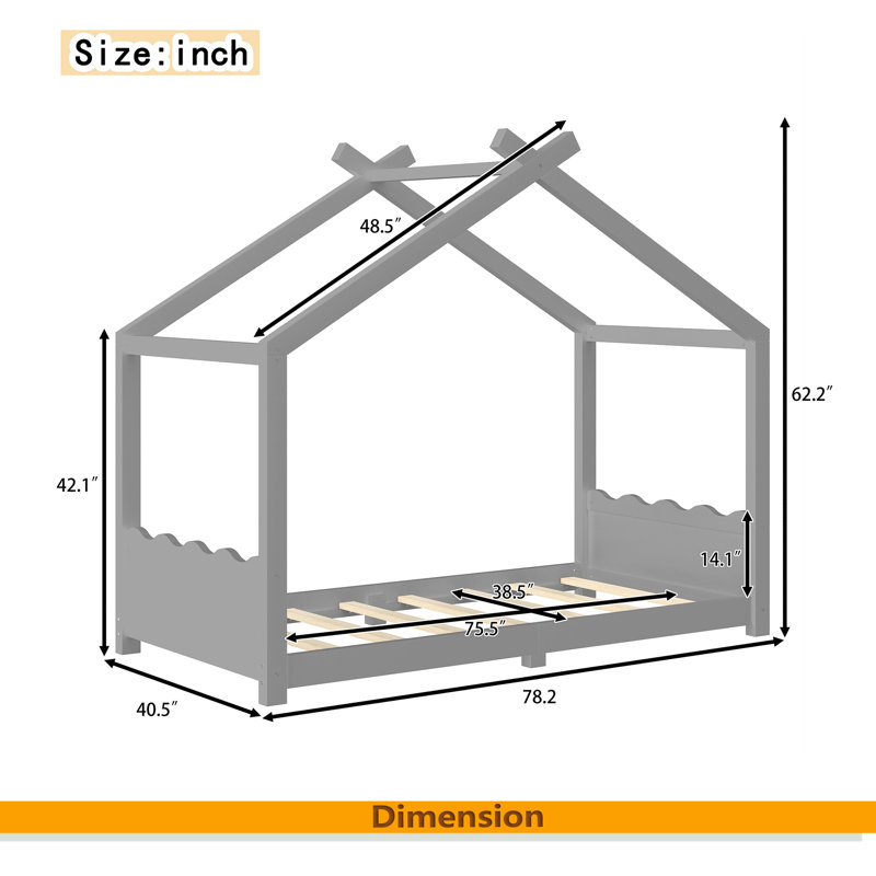 Lit de maison avec lattes de soutien, cadre de lit de maison en bois massif pour enfants, pas de sommier tapissier et structure d'ouverture