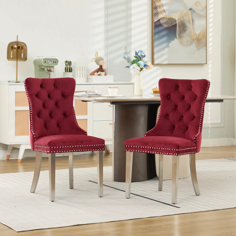 Chaise de salle à manger rembourrée en velours de bois massif haut de gamme avec pieds en acier inoxydable chromé, Rouge