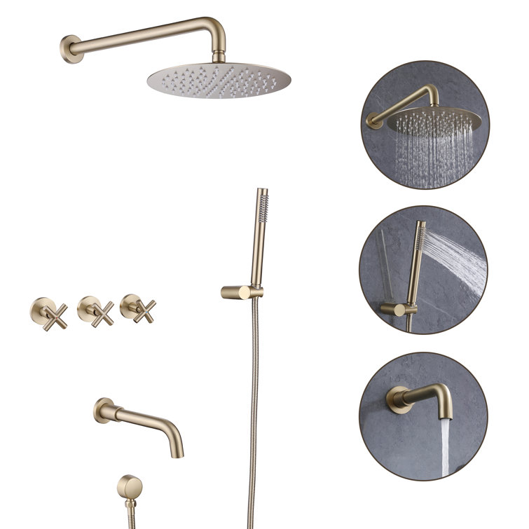 Wall Mount Shower Faucet Set With 360 Degree Rotatable Tub Spout And 3-Cross Handles With Rough-In Valve