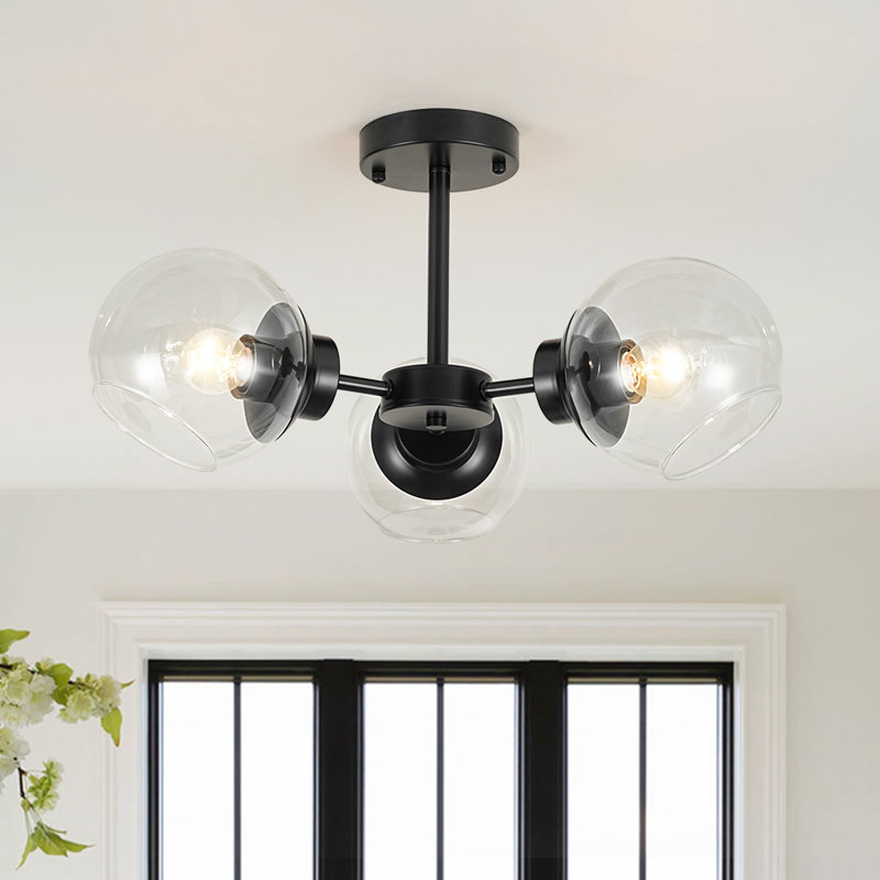 3 - Light Modern Clear Glass Shade Sputnik Semi Flush Mount, Matte Black