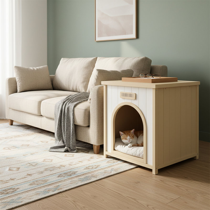 Retraite d'intérieur solide pour animaux de compagnie avec coussin amovible doux, table d'appoint double, style décontracté américain, jaune