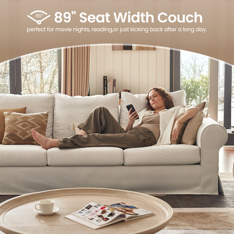 89'' Upholstered 3-Seater Sofa With Rolled Arms, Slipcovered Couch For Living Room, Oatmeal