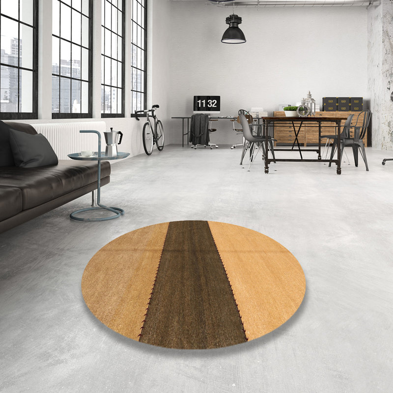 Tapis contemporain noir / beige, Rond 7 pi x 7 pi