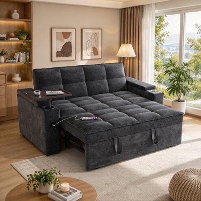 65" 3-in-1 Convertible Sofa Bed with Pull-Out Sleeper, Chenille Upholstery & 360° Swivel Side Table, Modern Folding Couch for Living Room