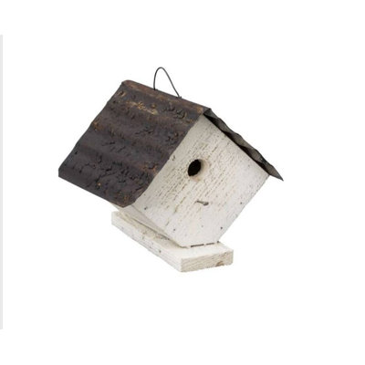 Aqua Rustic Wooden Birdhouse with Bark Roof – Handmade Teal Bird House for Wrens – Unique Garden Décor
