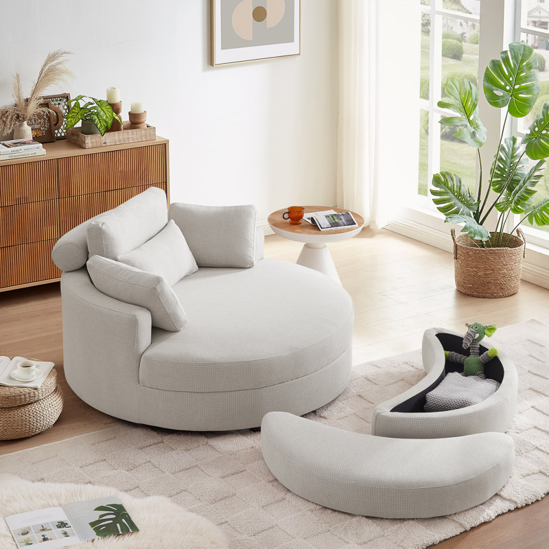Dashton Upholstered Barrel Chair with Ottoman, Beige Linen