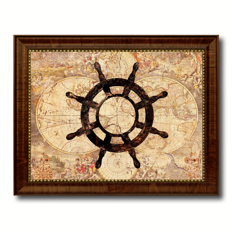 " Wheel Nautical Vintage Map ", Brown Framed, 15" H x 19" W