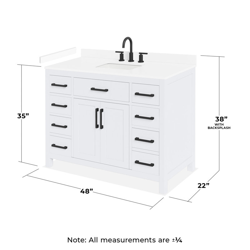 Ensemble de meuble-lavabo simple 48 po Beckett, Blanc avec garniture noir mat, Comptoir en marbre de culture blanc