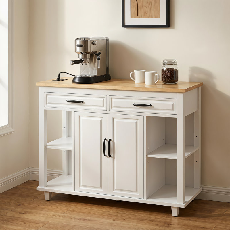 Îlot de cuisine blanc de 47 pouces avec table de salle à manger extensible et prise de courant