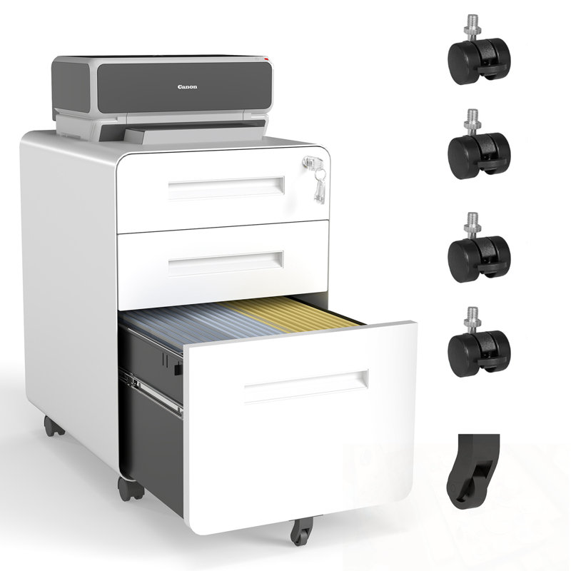 3-Drawer Wide Mobile File Cabinet with Lock, White