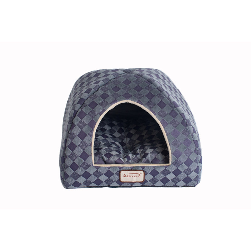 Small Purple Gray Checkered Dome Cat Bed with Fiberfill