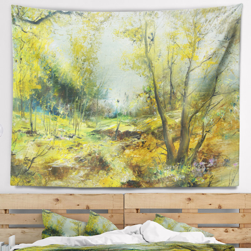 Tapisserie vert forêt paysage vert jaune, H 50 po x l 60 po