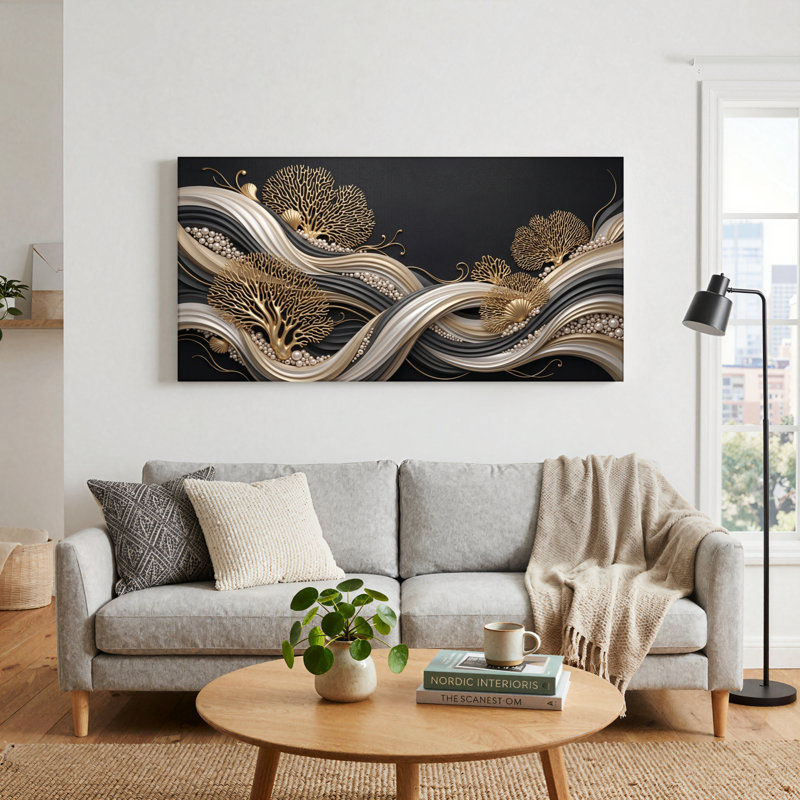 Ensemble de 1 tableau sur toile « Vagues dorées », L 32 po x H 16 po, Wrapped Canvas