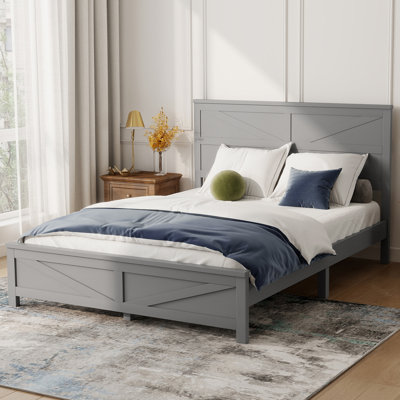 Queen Size Farmhouse Pinewood Bed with Barn Door Headboard & Footboard, Sturdy Platform Frame & Under-Bed Storage,Grey