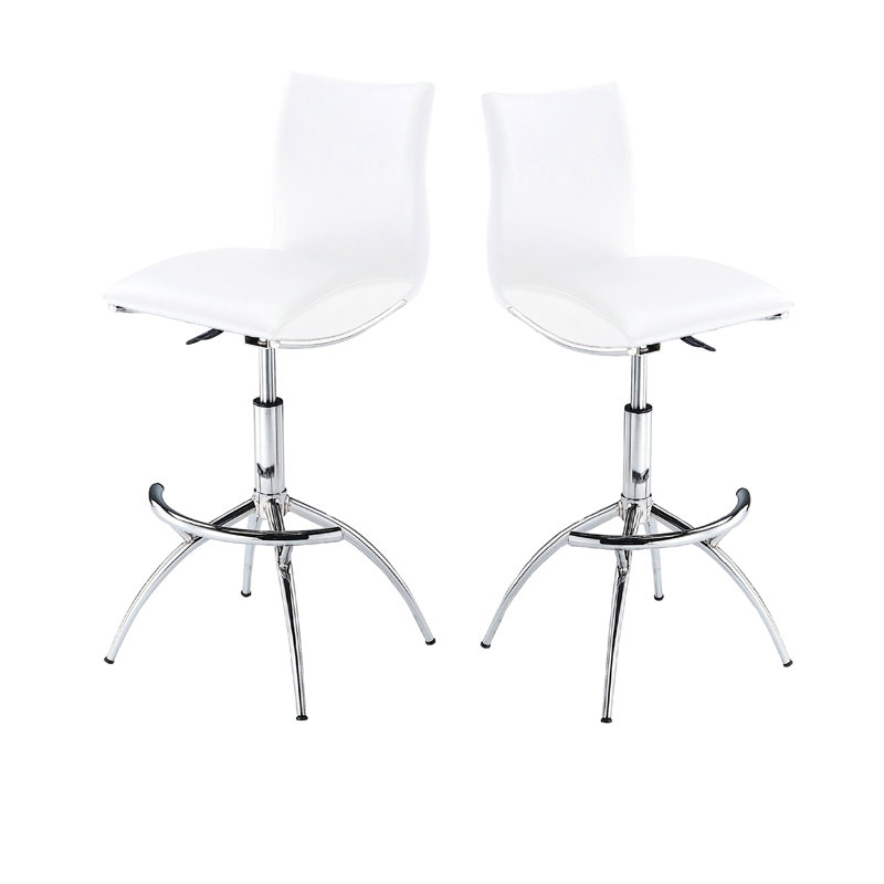 2 tabourets de bar blancs à hauteur réglable avec pieds en métal et dossier rembourré en mousse