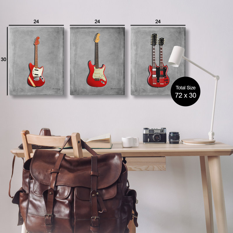 Ensemble de 3 toiles de la collection Red Guitars, conception par Mark Rogan, H 30 po x l 24 po