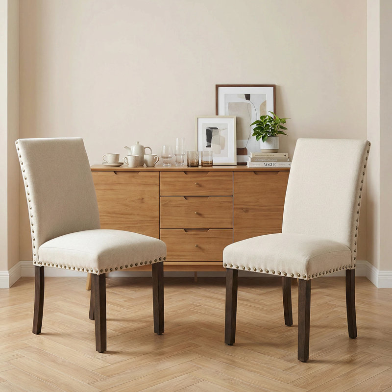 Upholstered Linen Wooden Dining Chairs, Beige