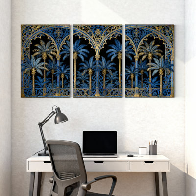 Plantes et fleurs, ensemble de 3 impressions sur toile bleu et doré