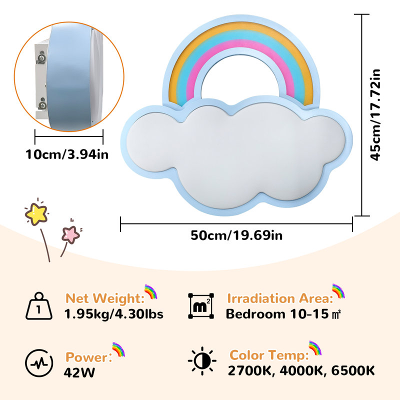 Cloud & Rainbow Led Ceiling Light Flush Mount For Children's Bedrooms, Playroom, Blue