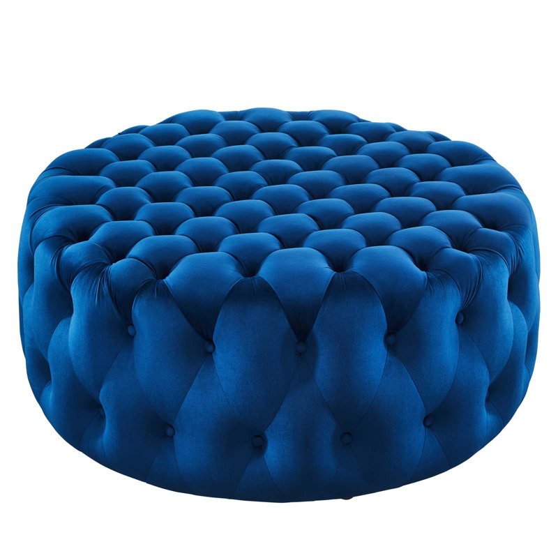 Luxurious Navy Velvet Tufted Large Round Ottoman