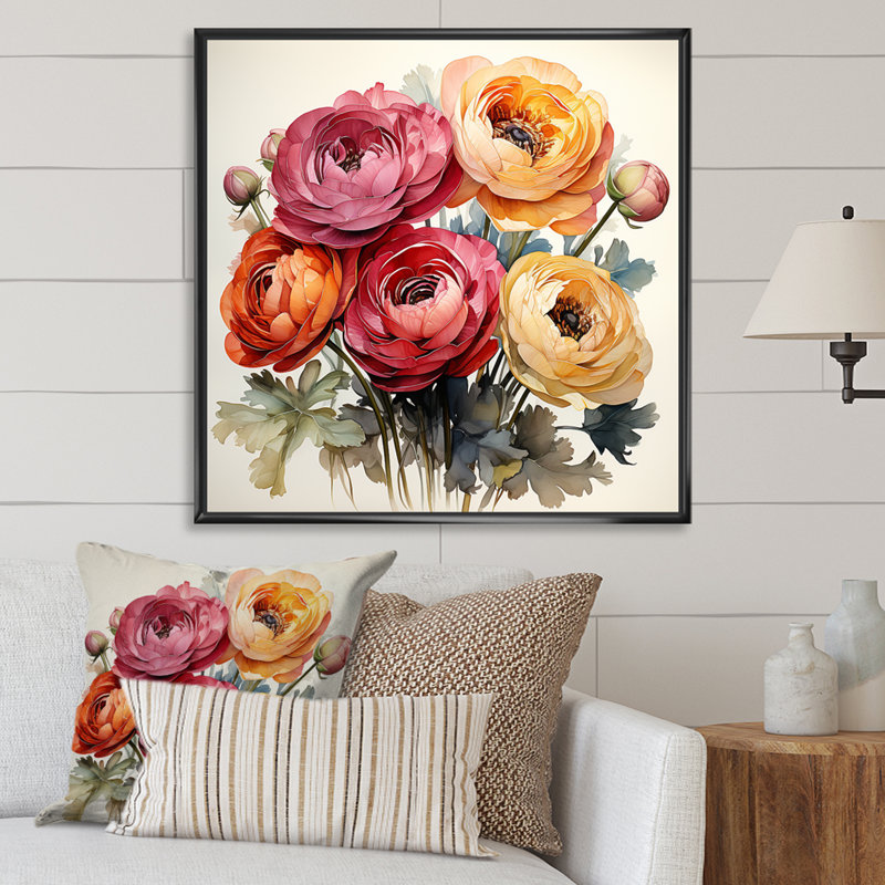 «Colorful Ranunculus Elegance I», art mural Renoncule, H 16 po x l 16 po x P 1 po, Cadre flottant noir