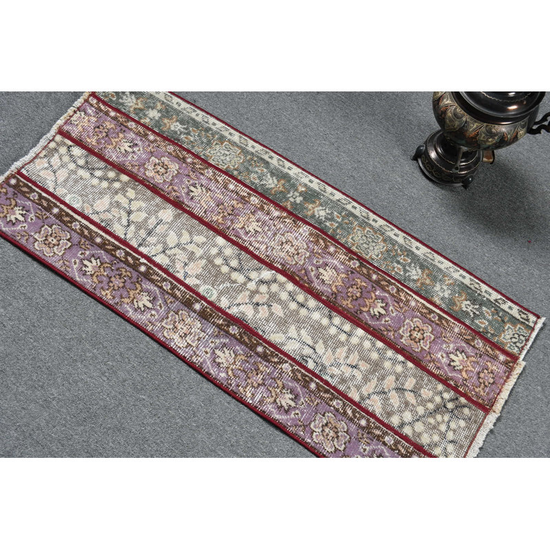 Handwoven Vintage Turkish Wool Rug with Floral Design Ideal for Hallways and Small Areas Brown/Purple