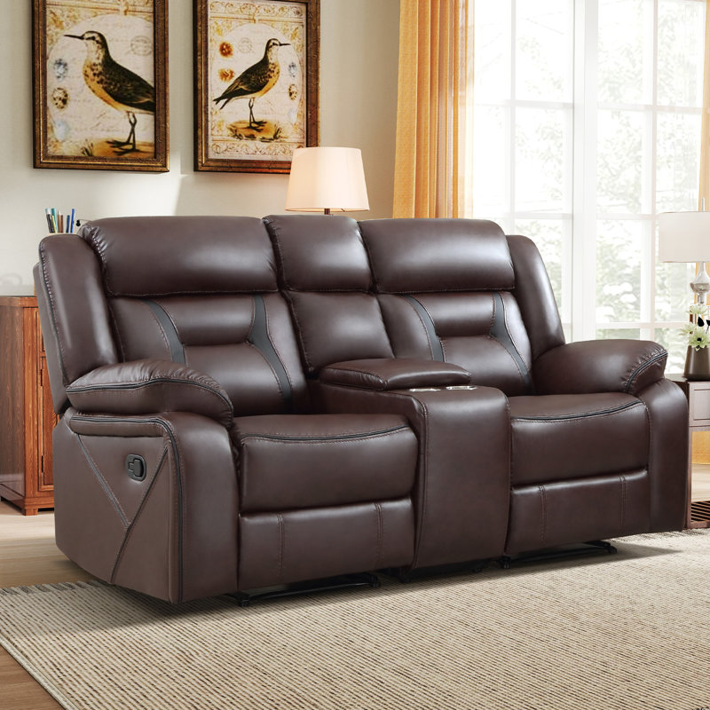 Causeuse inclinable manuelle à coussins multiples avec console Chelliah Fordwich, Marron foncé