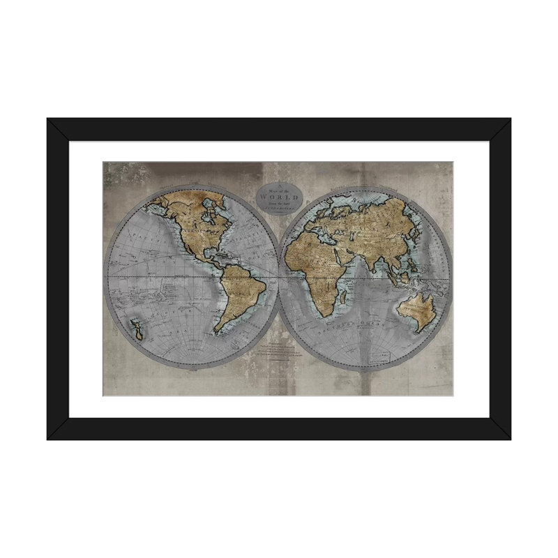 « map of the world », impression sur toile, H 24 po x l 32 po x P 1 po, Papier d'art encadré noir, Blanc