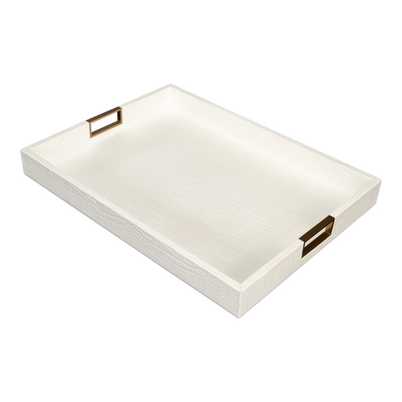 Cream Shagreen Rectangular Tray with Brass Handles