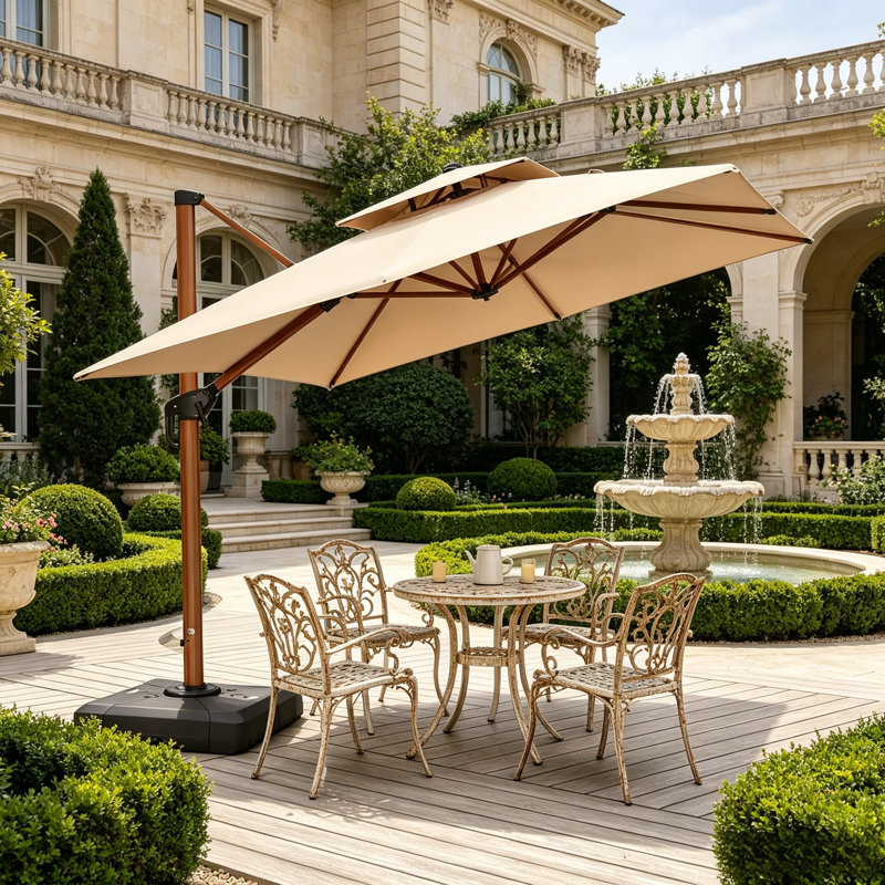 Parasol de luxe à grain de bois beige de 9 pieds avec structure en porte-à-faux décalée qui permet une rotation libre de 360 degrés.