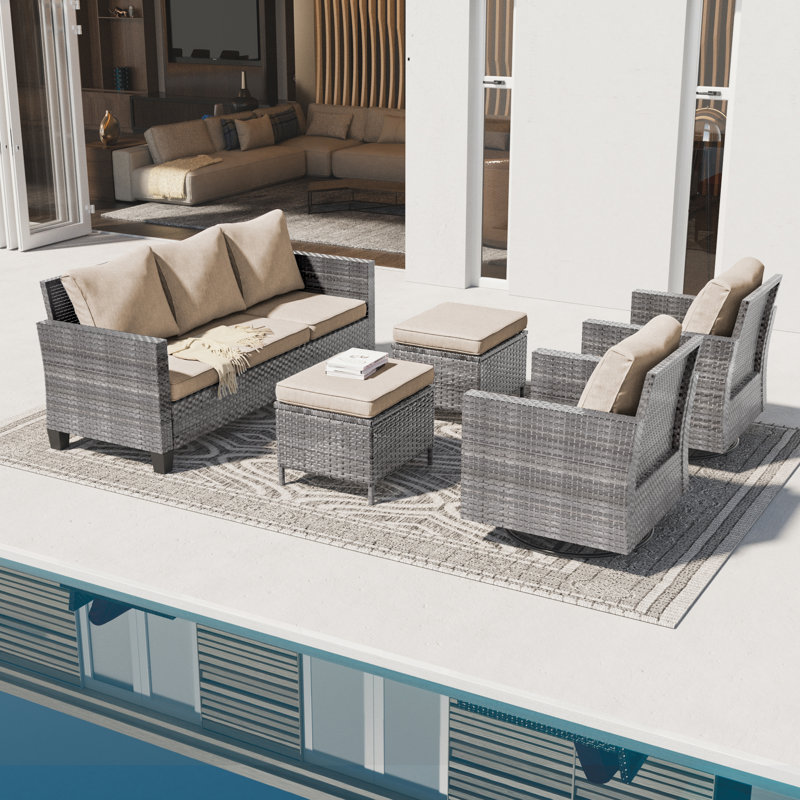5 - Person Wicker Swivel Rocker Chair Outdoor Seating Group with Cushions, Gray, Beige