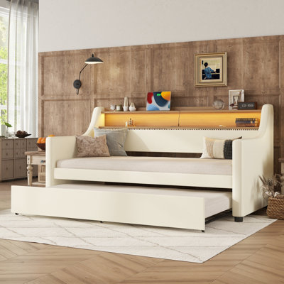 Twin Size Daybed with Trundle Bed, Upholstered Daybed with Charging Station and LED Lights by Brayden Studio