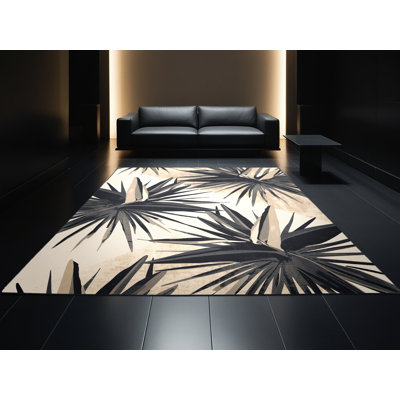 Machine Washable Oyan Heliconia Tropical Starburst Rug in Beige – Black Binding