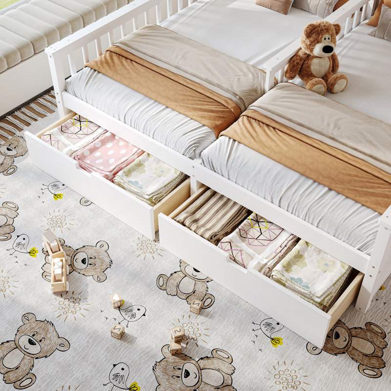 Kids Double Twin House Platform Bed With Shelves And 2 Drawers, White