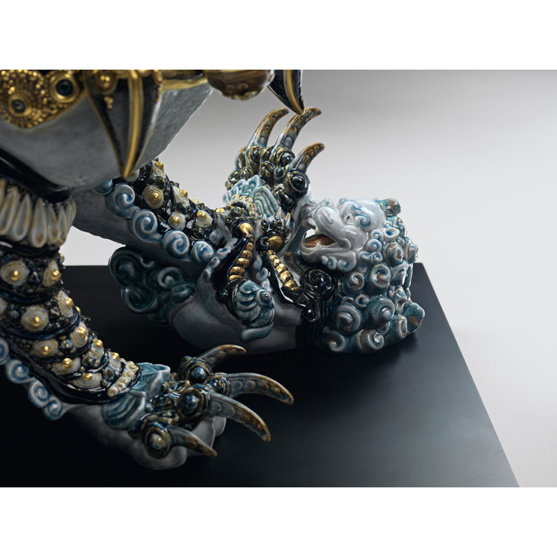 Guardian Lioness Sculpture, Blue/Gold