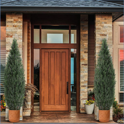 Set of 2 Artificial Cedar Topiary Trees for Outdoors - Potted Fake Cypress Trees for Home Porch Decor - Faux Evergreen Plants for Front Door Planters