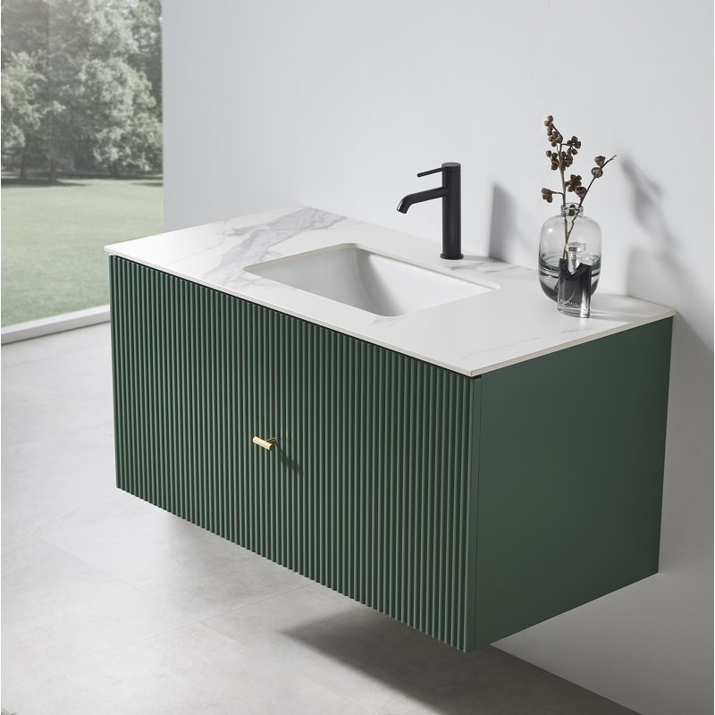 Meuble-lavabo simple 42 po avec plateau en pierre reconstituée Jamell, Vert forêt, Blanc