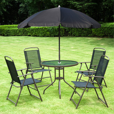 Ensemble de salle à manger de patio 6 pièces pour 4 personnes avec parasol, table d'extérieur et chaises avec 4 chaises pliantes et table ronde en verre pour le jardin, la cour et la piscine, noir