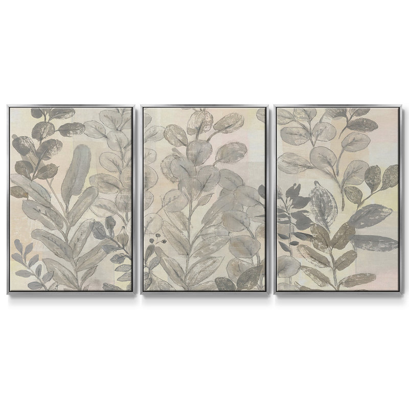 «Leaf Leaf I», reproduction encadrée sur toile 3 pièces, H 40 po x l 78 po x P 2 po, Argent
