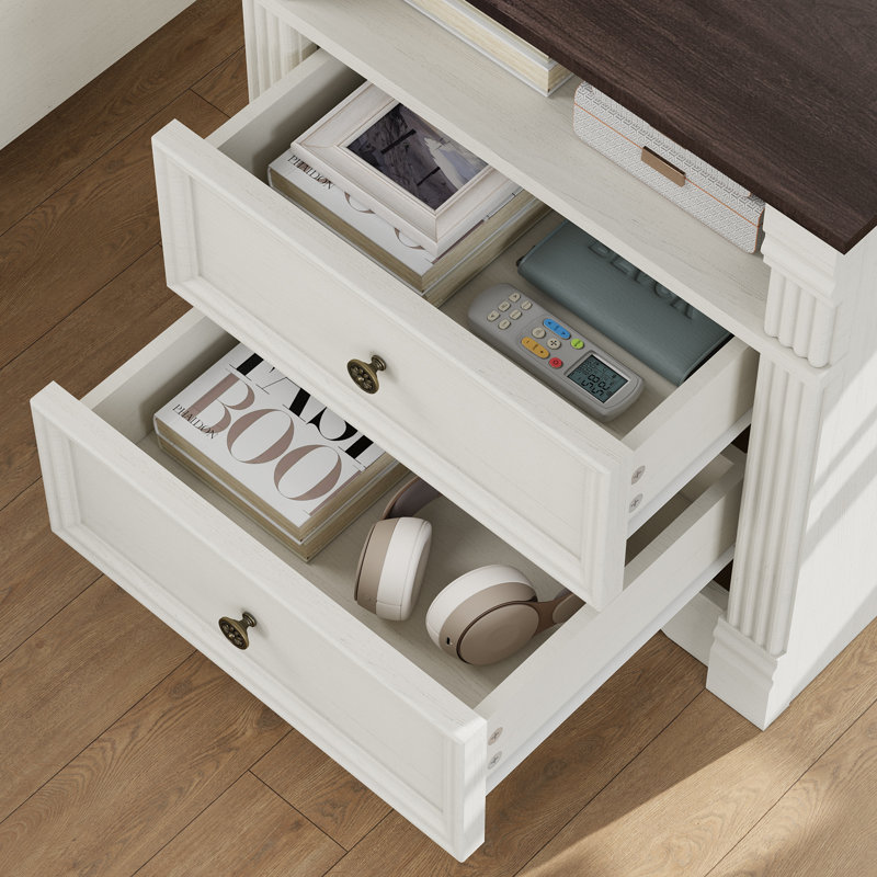 White Nightstand With Charging Station, Farmhouse Wood Bedside Table & End Table With 2 Drawers And Chic Wood Pilasters Design, Side Table Storage Cabinet With Metal Handles For Bedroom