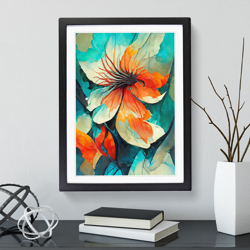 XV1022-3641X Pretty Abstract Floral No.5 - Print, Black Framed, White, 48cm H x 36cm W