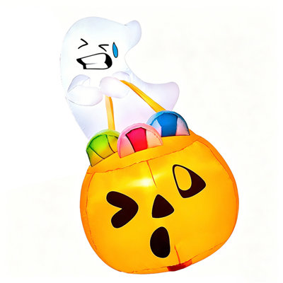Joyfy 5ft Tall Halloween Inflatable Ghost Gripping Candy on Pumpkin