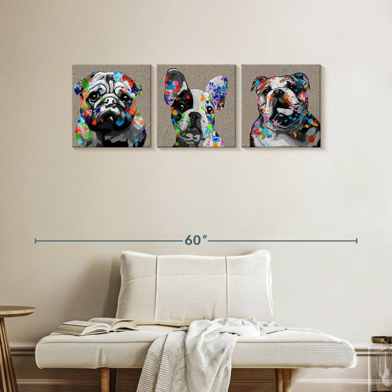 Bulldogs on Canvas, reproduction de 3 pièces, H 47 po x l 15 po x P 1,25 po