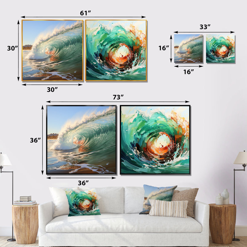«Rolling Surf Waves I», ensemble de 2 toiles abstraites modernes sur toile, Cadre flottant brun, H 30 po x l 61 po x P 1 po