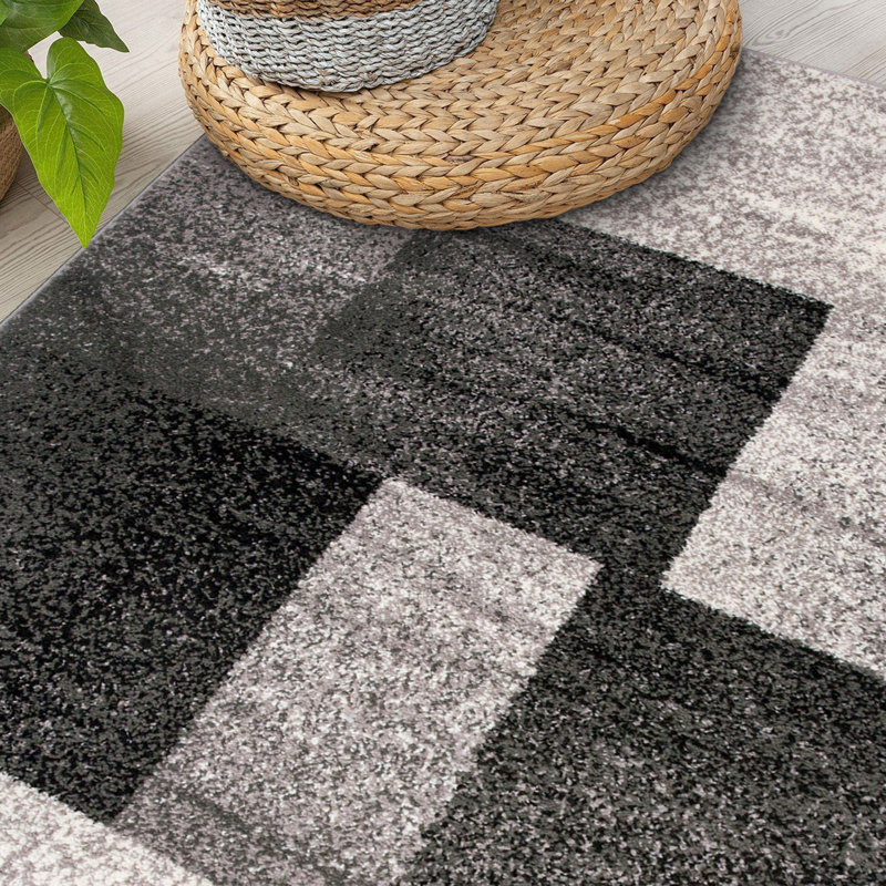 Tapis gris / ivoire / noir à motif géométrique Damarus, Rectangle 7 pi 10 po x 10 pi