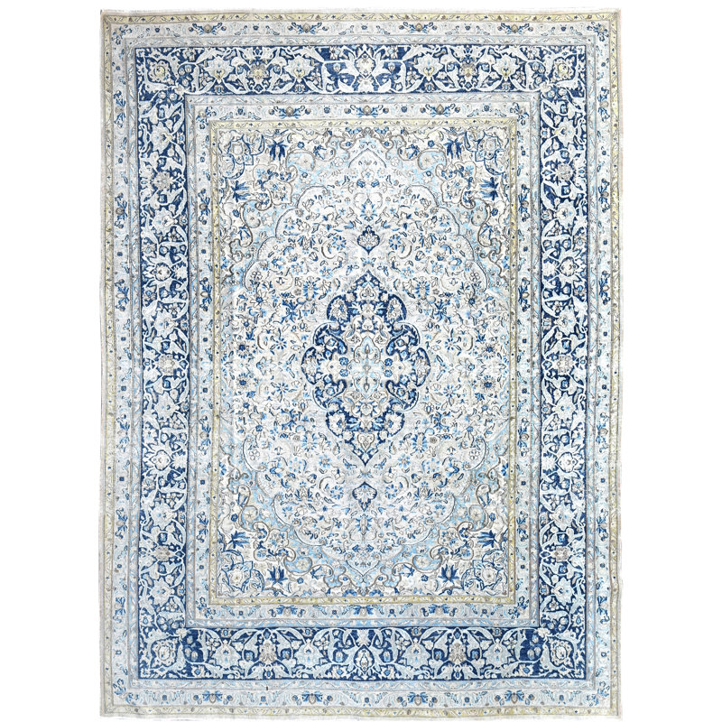 Tapis beige et bleu noué à la main de haute qualité